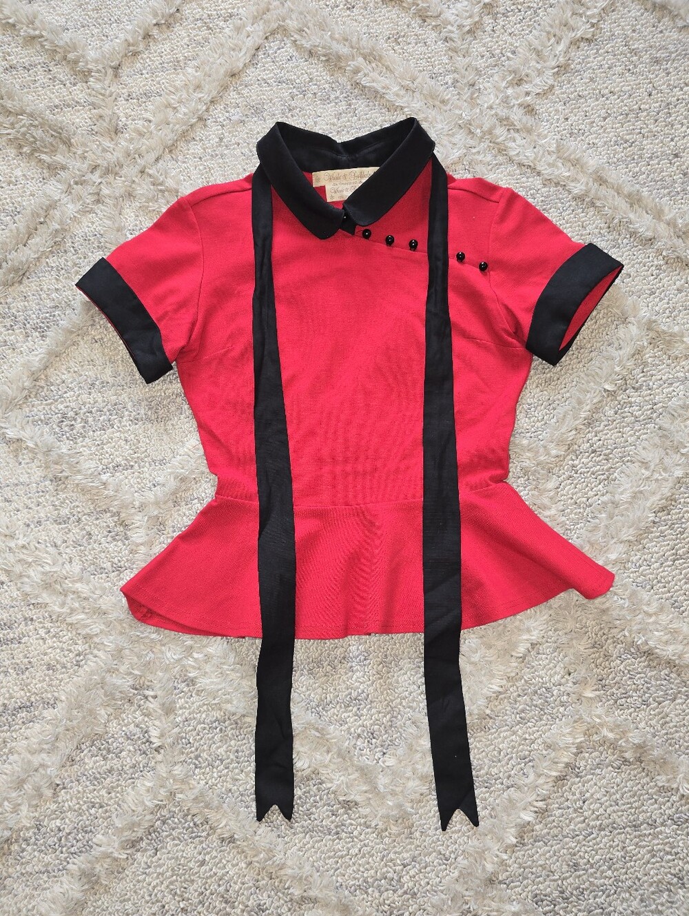 Wheels & Dollbaby Vintage Red Peplum Bow Collared Button Accent Sz AU 8 Small